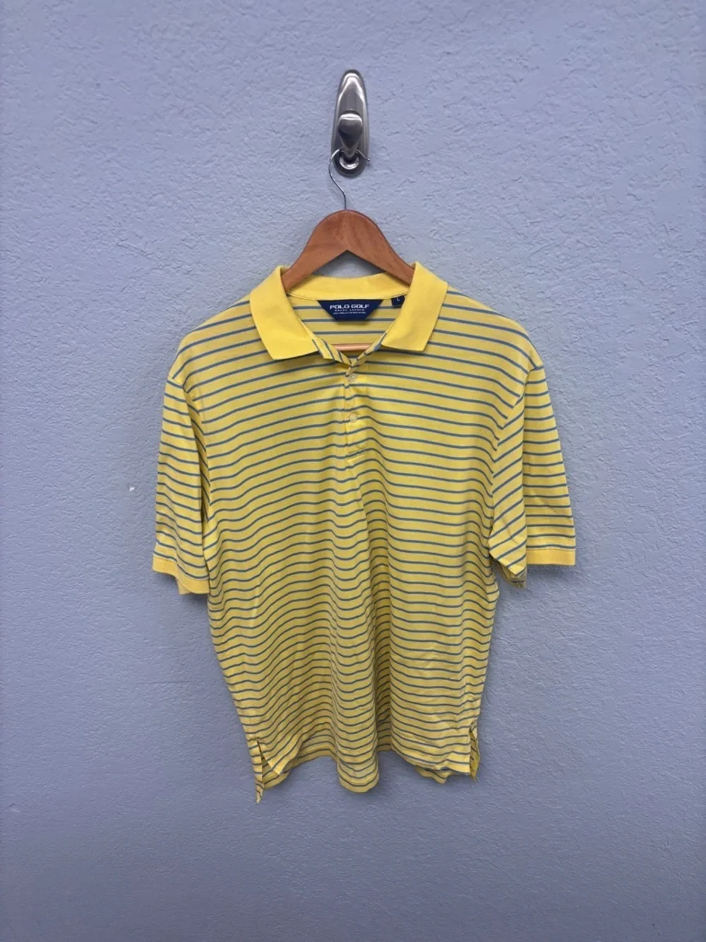 Ralph Lauren M’s Lg Polo Golf in Yellow with Navy Stripes. Pima Cotton. Soft!